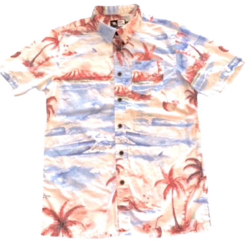 Rip Curl Short Sleeve Button Down Shirt Tropical Palm Tree Ocean Print
